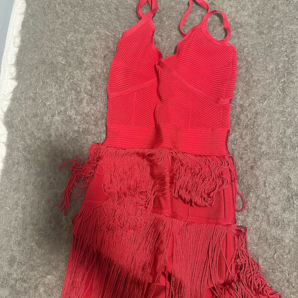Herve Leger Holly Red Fringe Maxi Dress in Red Rio XS - Picture 3 of 5